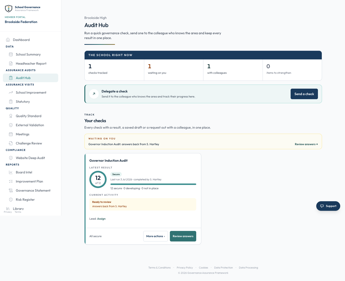 Audit Hub summary with completed governance checks