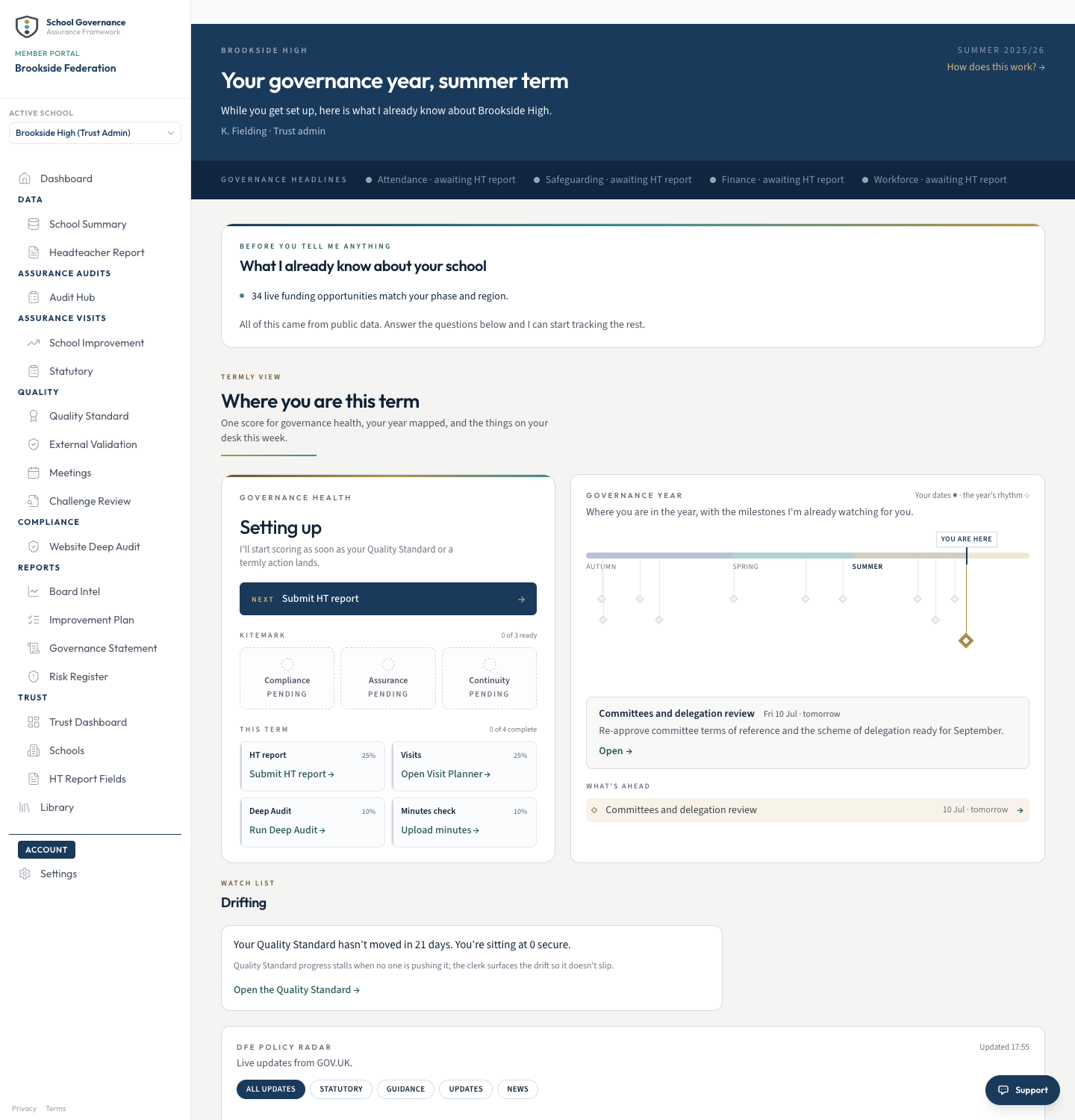 Smart Clerk Desk showing the governance health card, the year timeline and the DfE Policy Radar