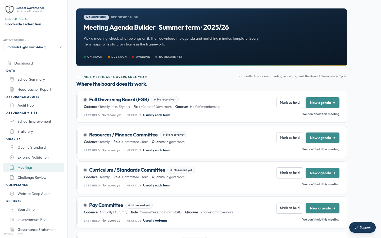 The Meeting Agenda Builder with the governance year's meetings and agenda templates